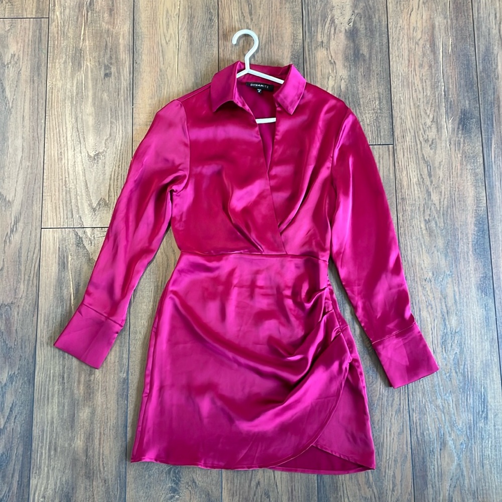 Dynamite Satin Wrap Shirt Dress - Fuchsia